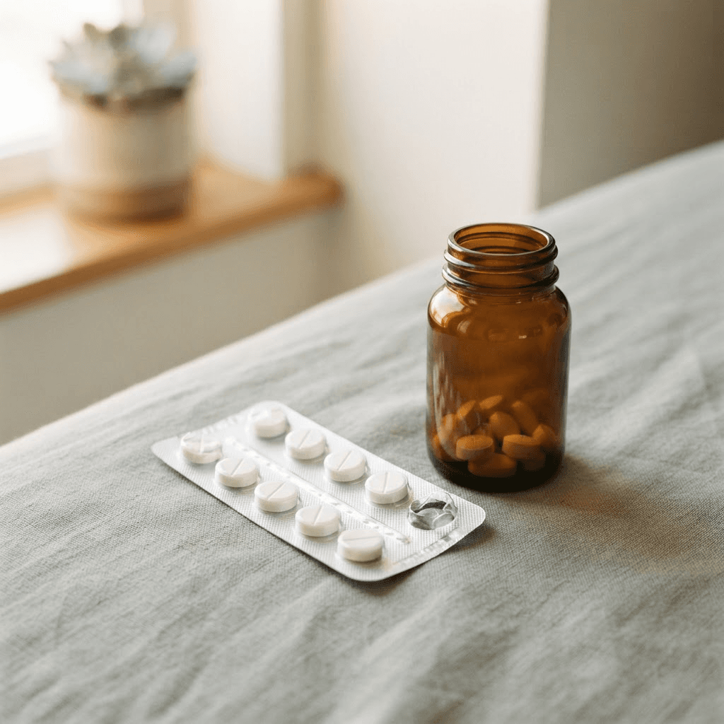 A partially used blister pack of white antibiotic tablets beside an amber prescription pill bottle on a neutral clinical surface.