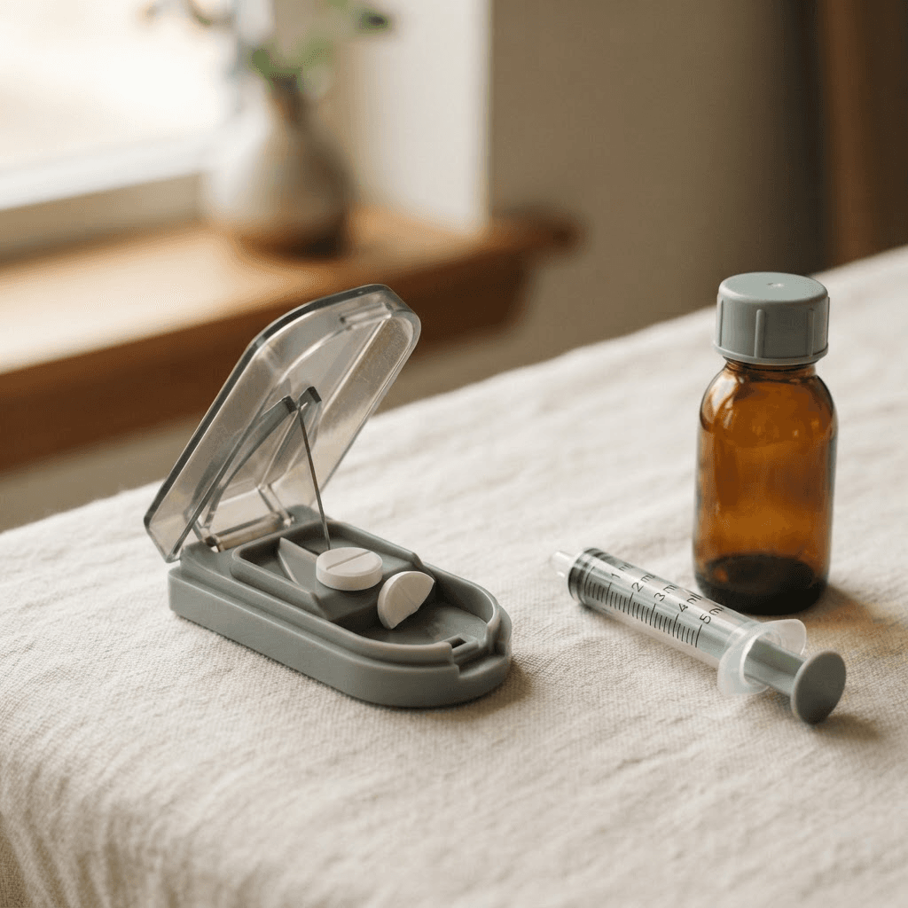 A single white tablet being split with a pill cutter next to a child's oral dosing syringe and a small bottle of liquid medicine.