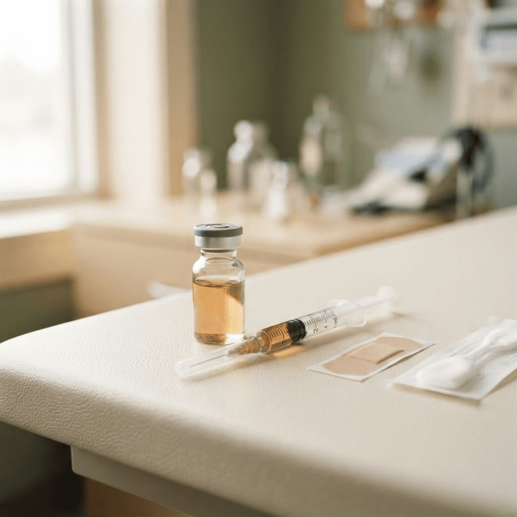 A single-dose flu vaccine vial and a syringe resting on a neutral clinical surface next to an adhesive bandage.