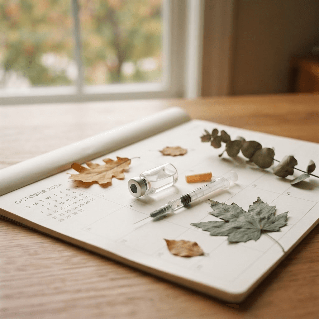 A flu vaccine vial and syringe resting on an autumn desk calendar with a few dried leaves nearby.