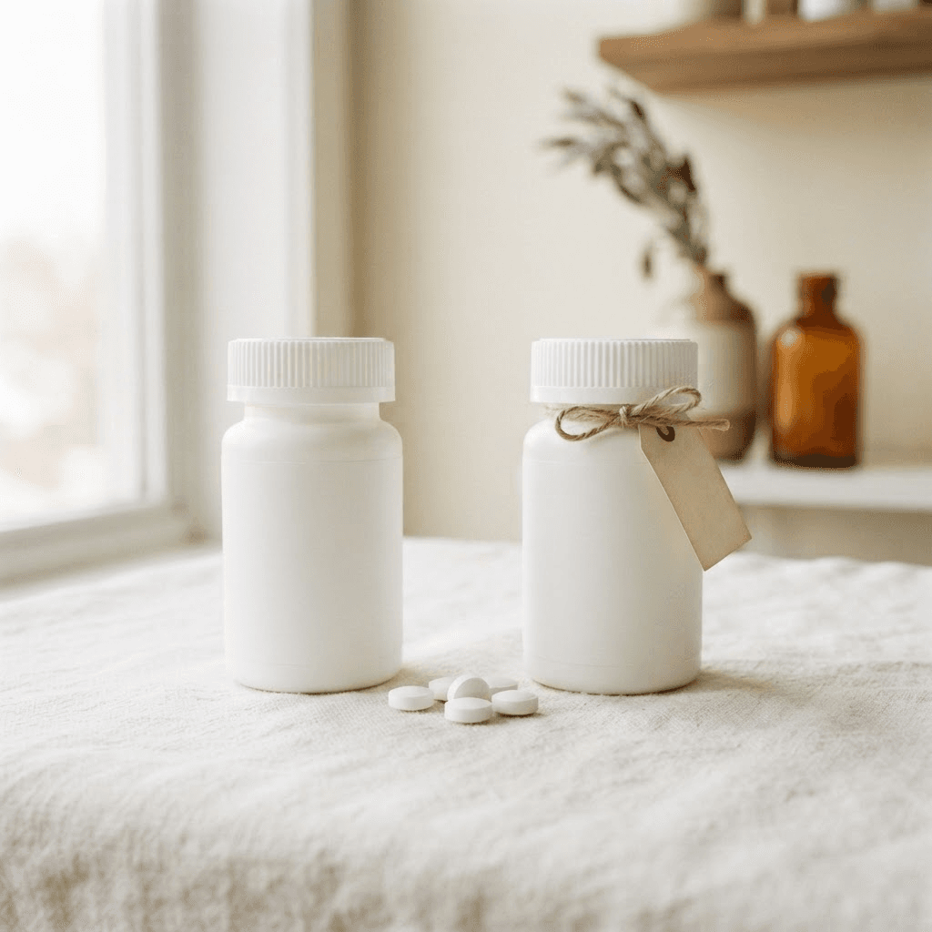 Two identical white prescription pill bottles side by side on a neutral surface with a few tablets spilled between them.
