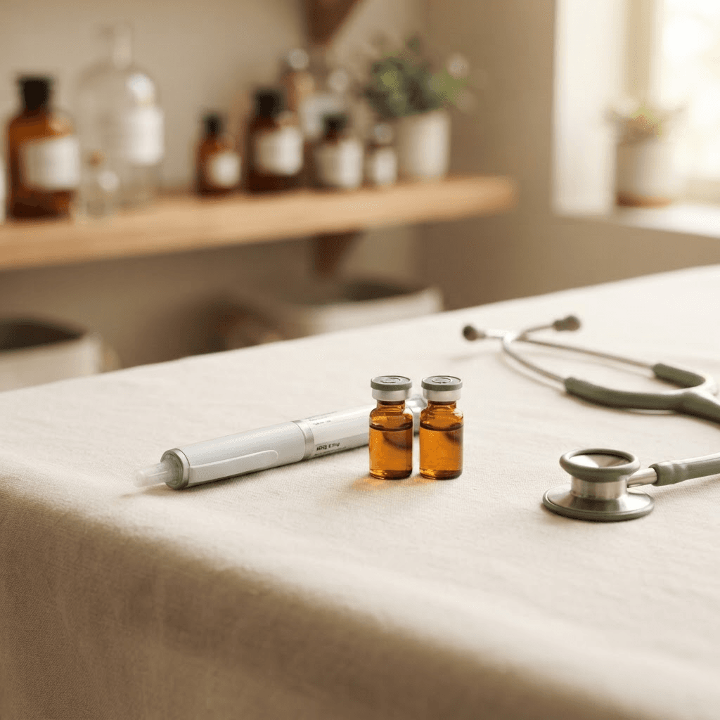 A GLP-1 injection pen and medication vials arranged on a neutral surface with a stethoscope.