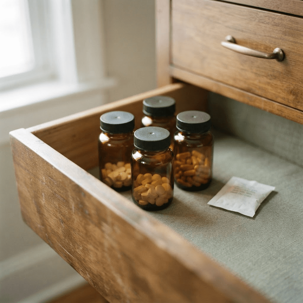 Amber prescription pill bottles stored neatly in an open bedroom dresser drawer beside a small silica gel packet.
