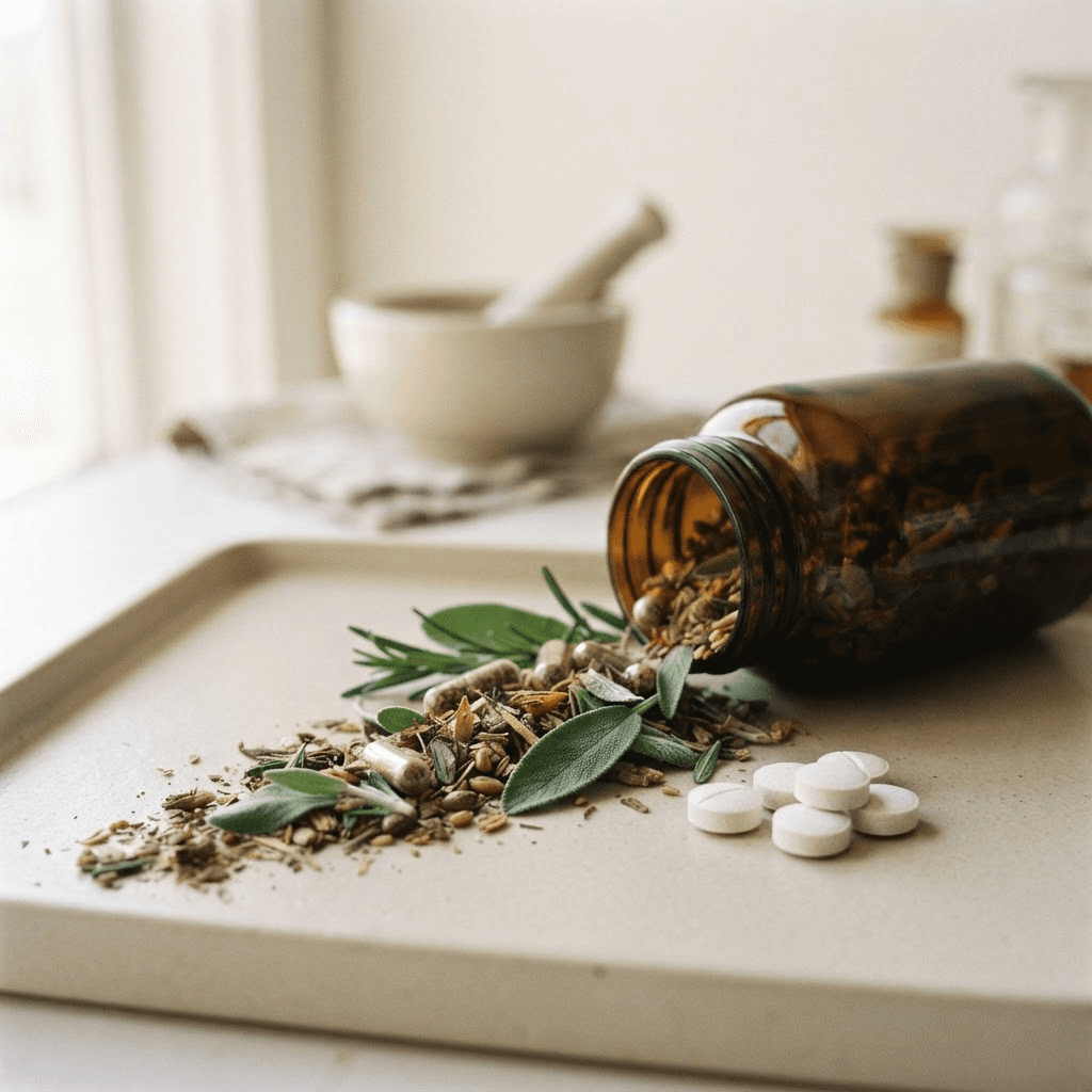 Dried herbal supplements and green leaves spilling from an amber glass bottle beside white prescription tablets on a neutral surface.