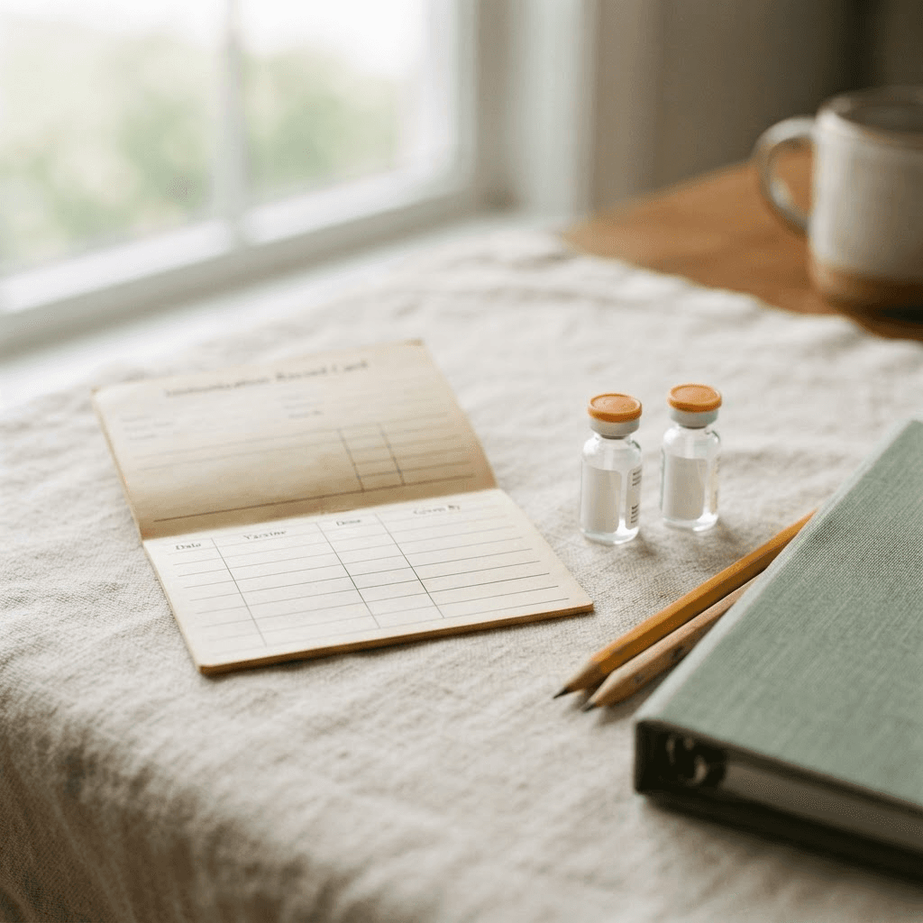 A middle-school immunization record card and two single-dose vaccine vials resting on a neutral surface next to a binder and pencils.