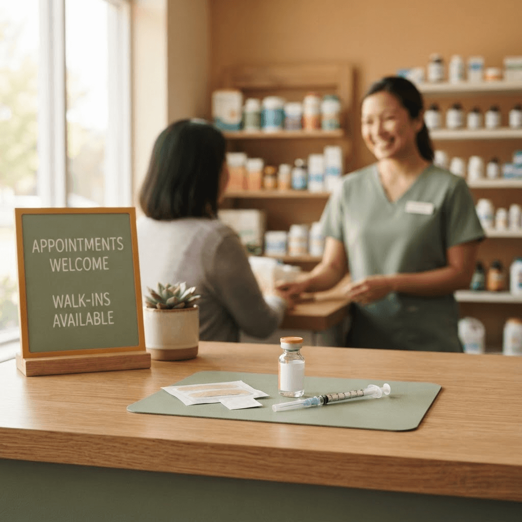 A welcoming neighborhood pharmacy immunization counter with a flu vaccine vial, syringe, and adhesive bandage ready for walk-in patients.