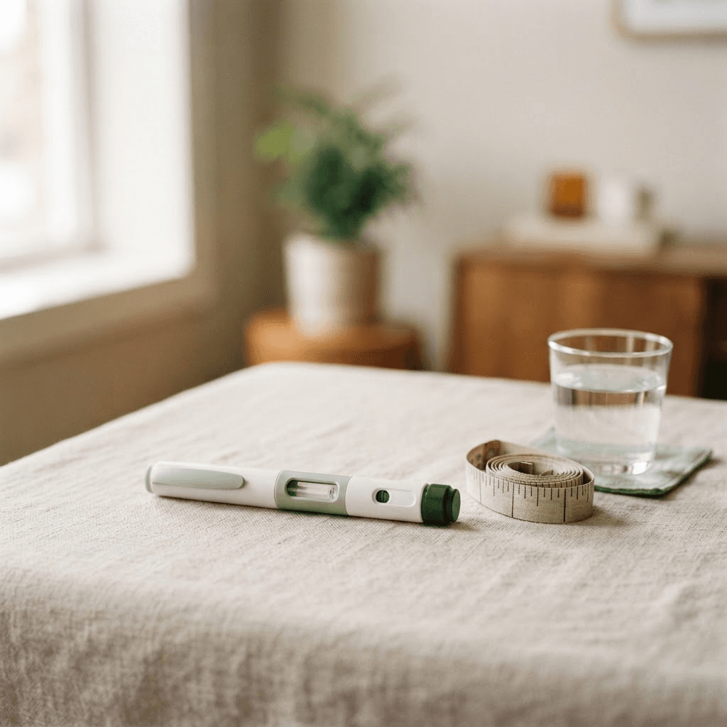 A weekly GLP-1 weight-loss injection pen resting on a neutral clinical surface beside a measuring tape and a glass of water.