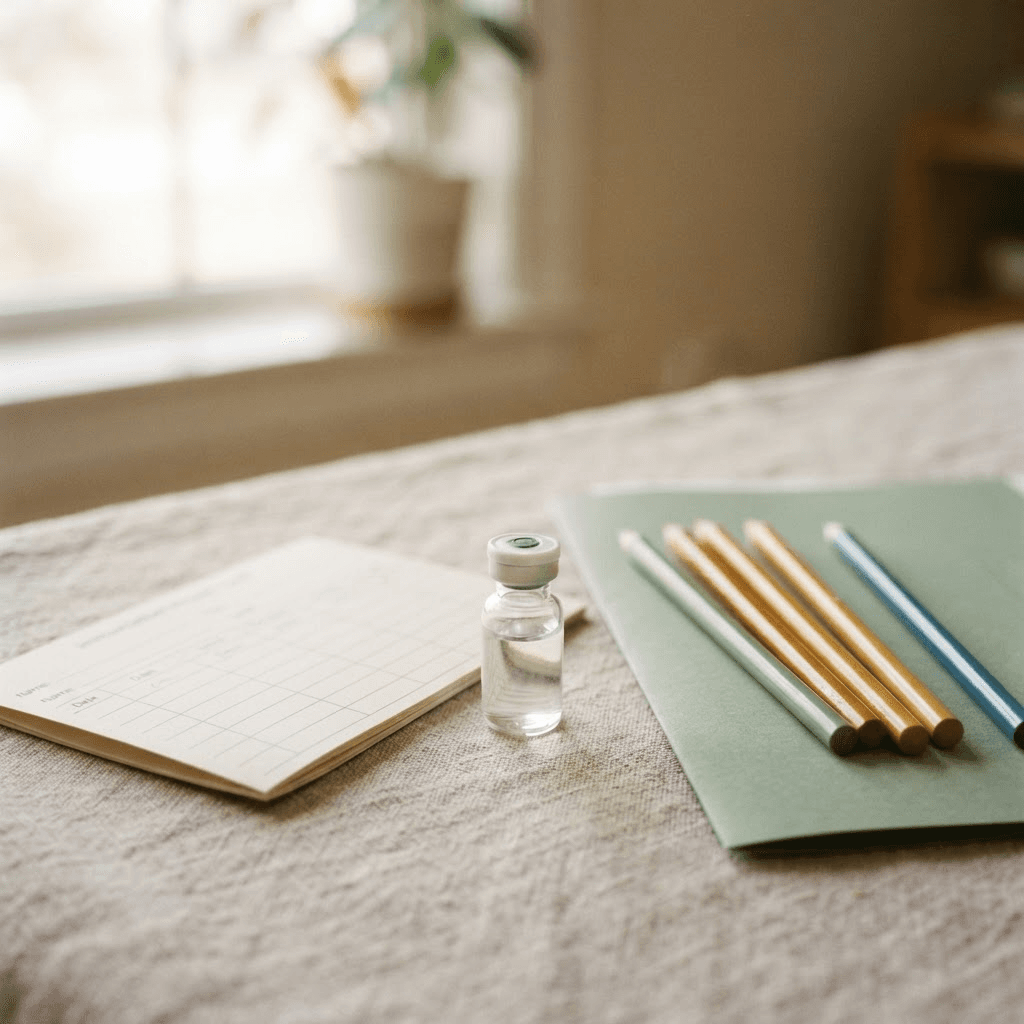 A child's immunization record card and a single-dose vaccine vial resting on a neutral surface next to school supplies.