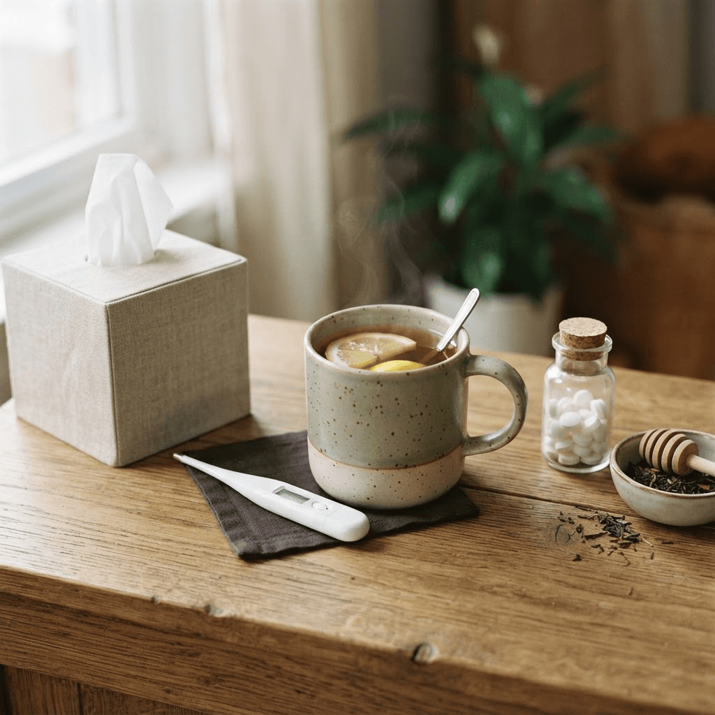 A box of tissues, a thermometer, a mug of tea with lemon and honey, and a small bottle of allergy tablets arranged on a wooden surface.