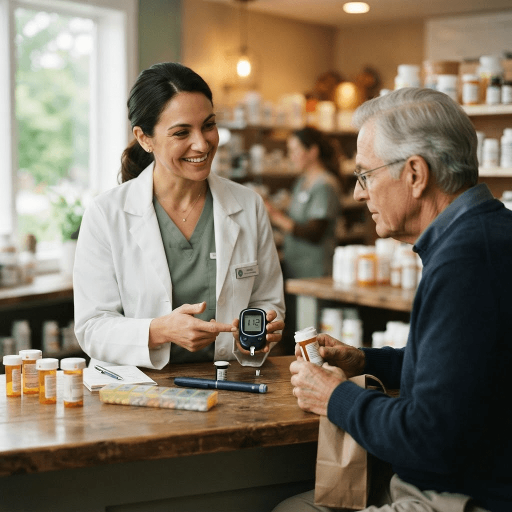 A friendly pharmacist reviewing medications and a blood glucose meter with a patient across a pharmacy counter.