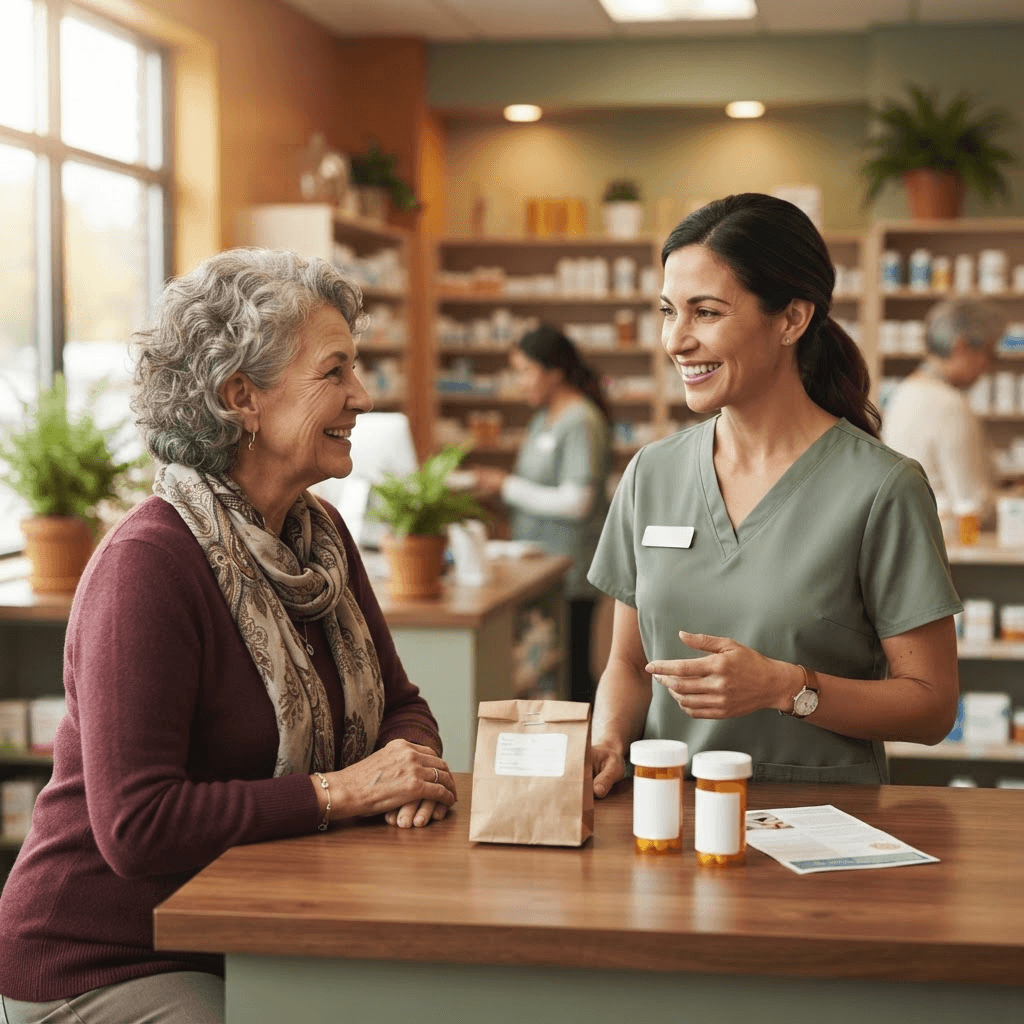 A warm, welcoming pharmacist speaking with a patient across a pharmacy counter with medication bottles between them.