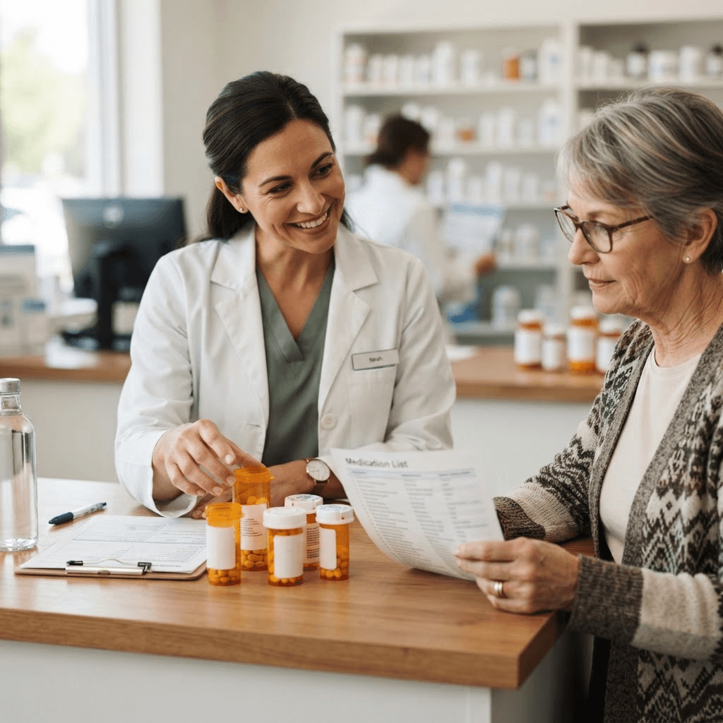 A friendly pharmacist reviewing a patient's multiple prescription bottles and a printed medication list together at the pharmacy counter.