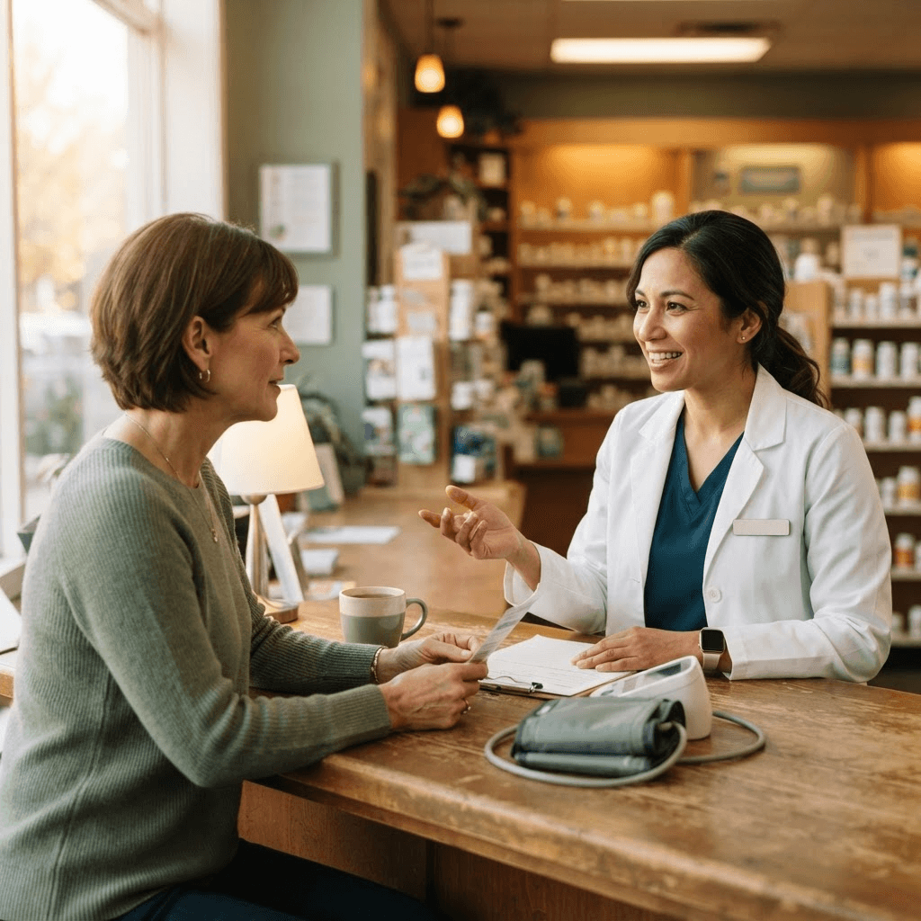 A friendly female pharmacist speaking with a woman patient across a private consultation counter, with a blood pressure monitor on the counter.