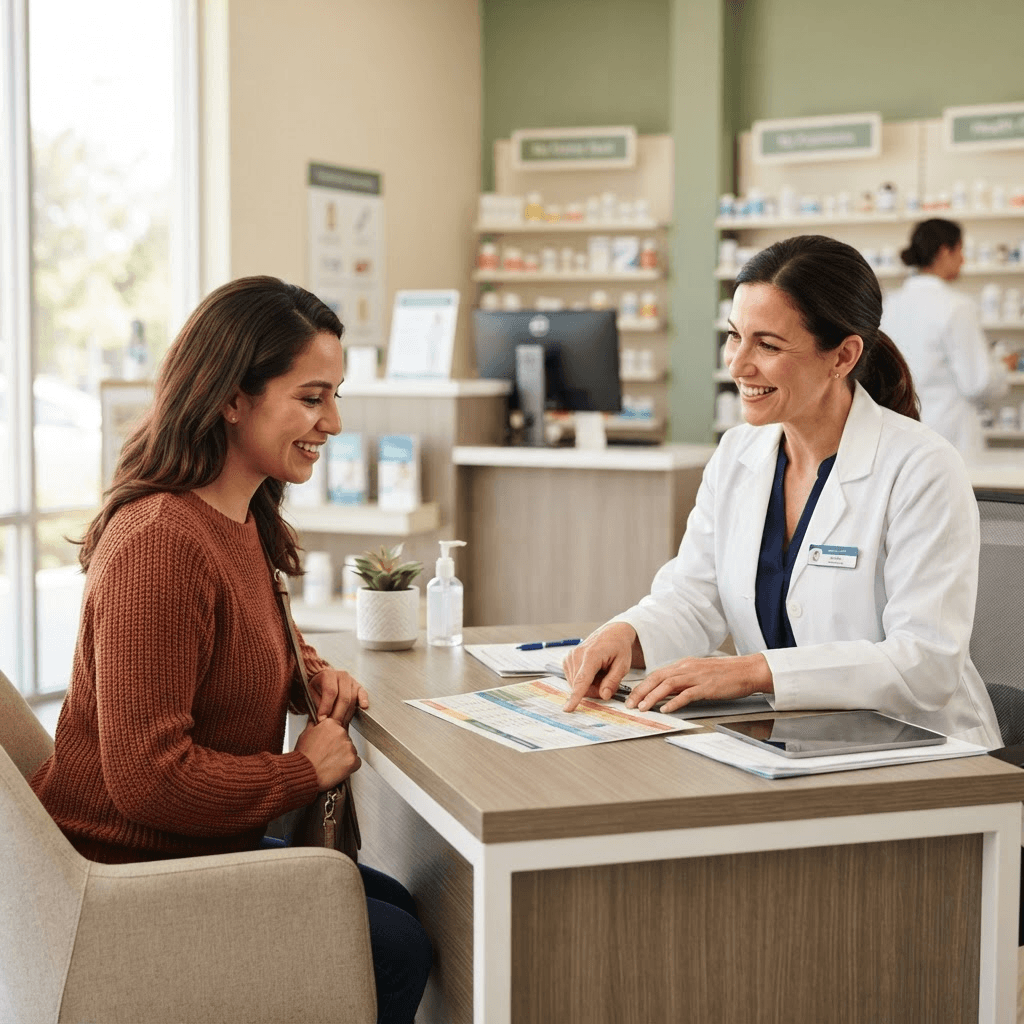 A licensed pharmacist reviewing a personalized weight loss plan with a patient at CureMed Pharmacy
